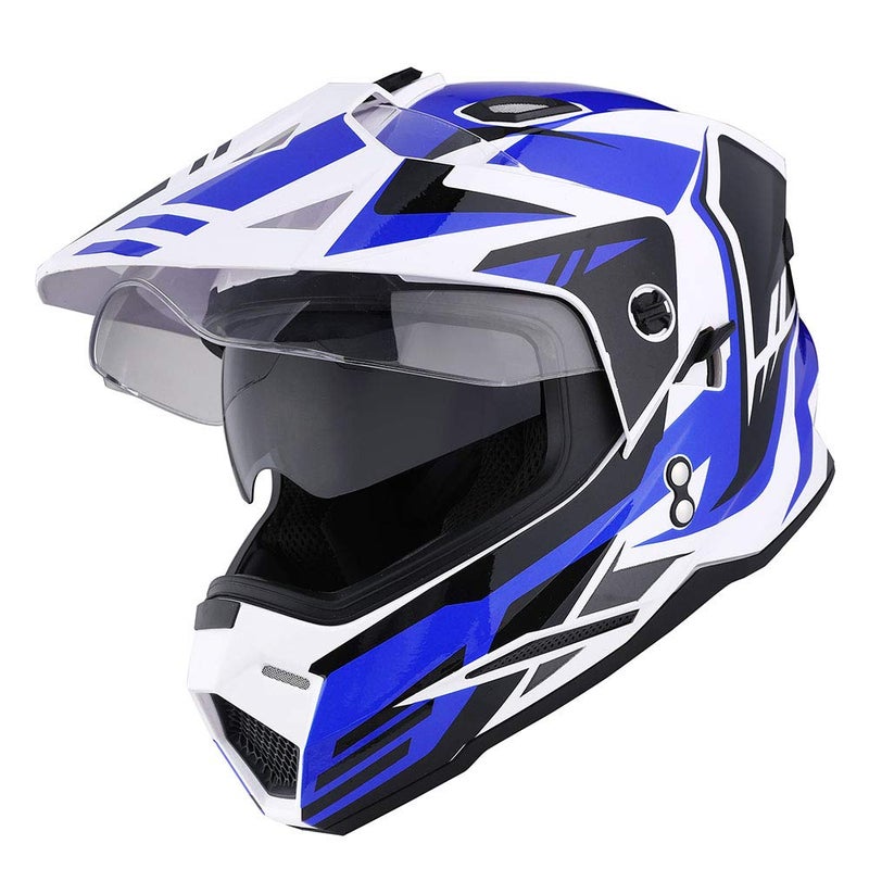 1Storm Dual Sport Motorcycle Motocross Off Road Full Face Helmet Dual Visor Storm Force Blue, Size L - Image 1